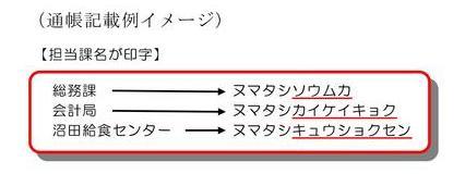 通帳記載例イメージ図：総務課はヌマタシソウムカ、会計局はヌマタシカイケイキョク、沼田給食センターはヌマタシキュウショクセンと担当課名が印字されます